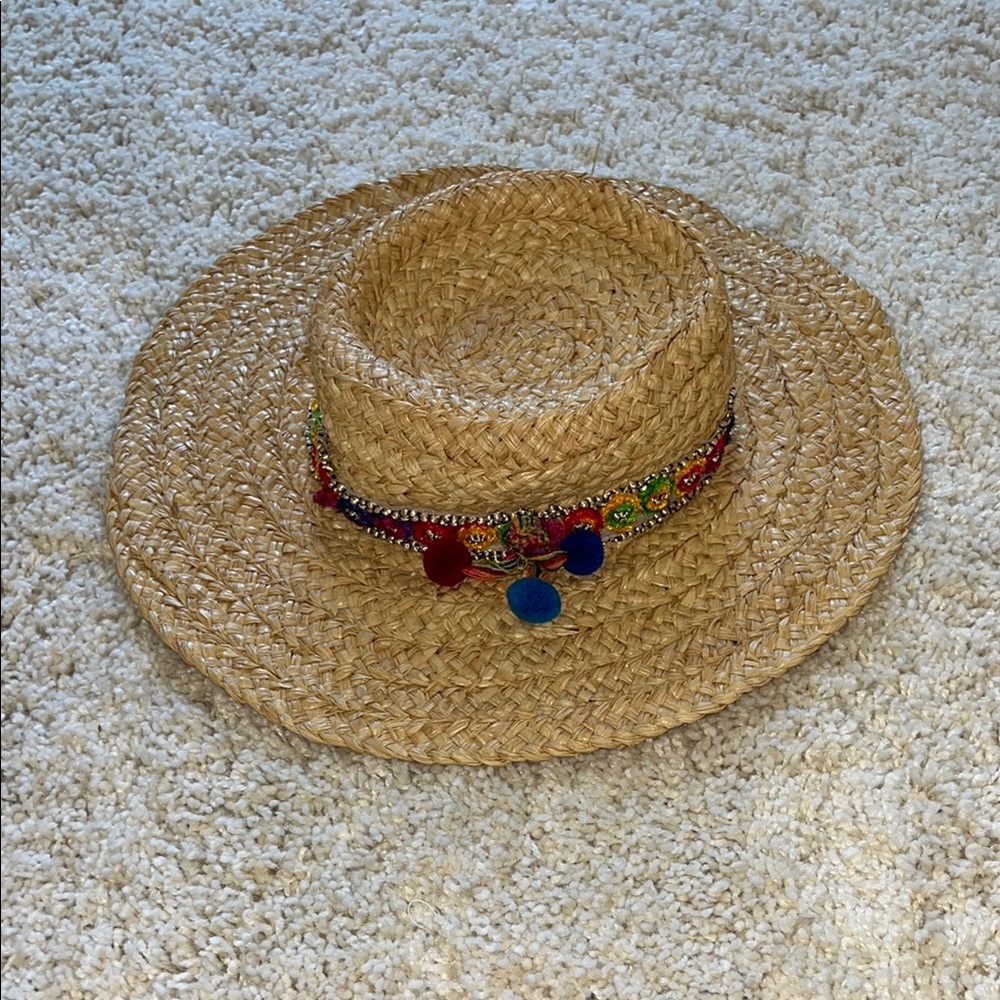 Colorful Straw Hat with Pom Pom Accents